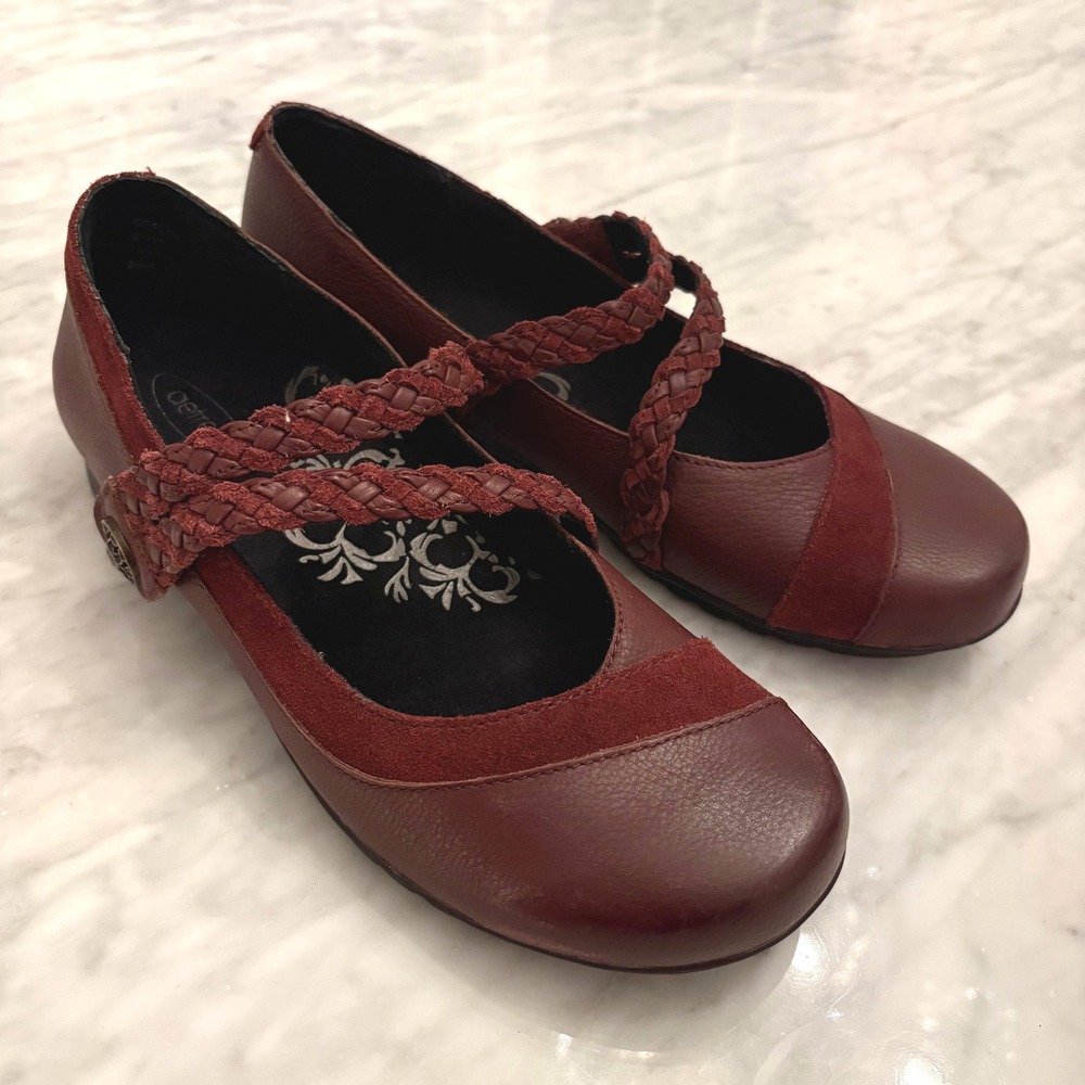 Aetrex Burgundy Leather Mary Jane Flats Braided Strap Comfort Shoes EU38 US 7.5